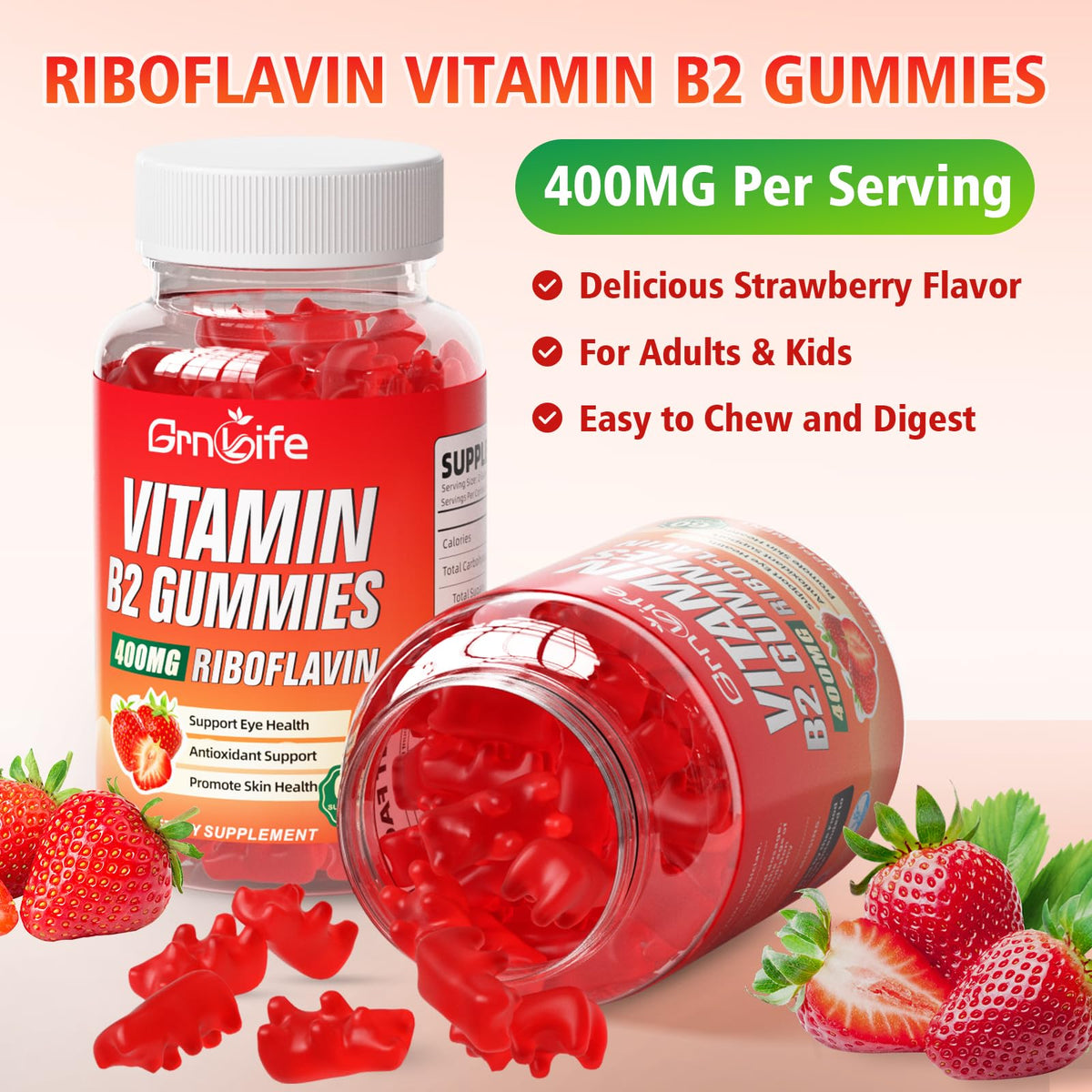 GrnLife 2 Pack Vitamin B2 Gummies, Riboflavin 400mg with Magnesium for Kids & Adults, Migraine Relief & Energy Support - FENGGESTORE20
