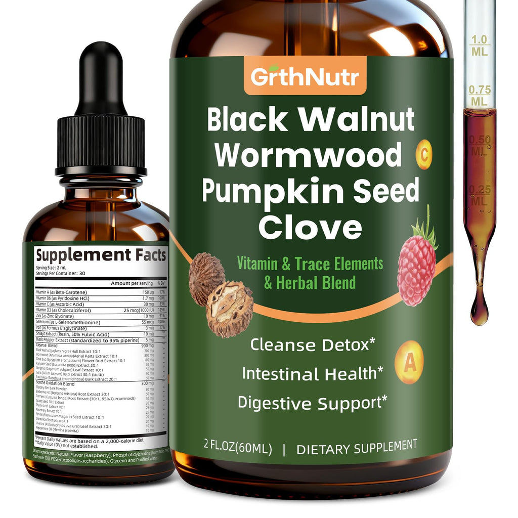 GrthNutr Black Walnut Wormwood Clove Tinture Cleanse for Humans - Gut Detox & Intestinal Health Digestive Support with Pumpkin, Oregano, Garlic Bulb - FENGGESTORE20
