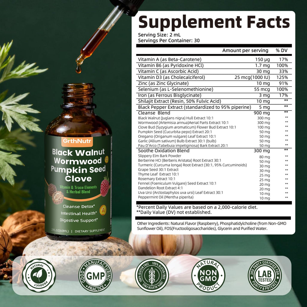 GrthNutr Black Walnut Wormwood Clove Tinture Cleanse for Humans - Gut Detox & Intestinal Health Digestive Support with Pumpkin, Oregano, Garlic Bulb - FENGGESTORE20