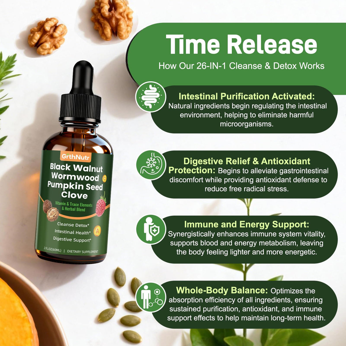 GrthNutr Black Walnut Wormwood Clove Tinture Cleanse for Humans - Gut Detox & Intestinal Health Digestive Support with Pumpkin, Oregano, Garlic Bulb - FENGGESTORE20