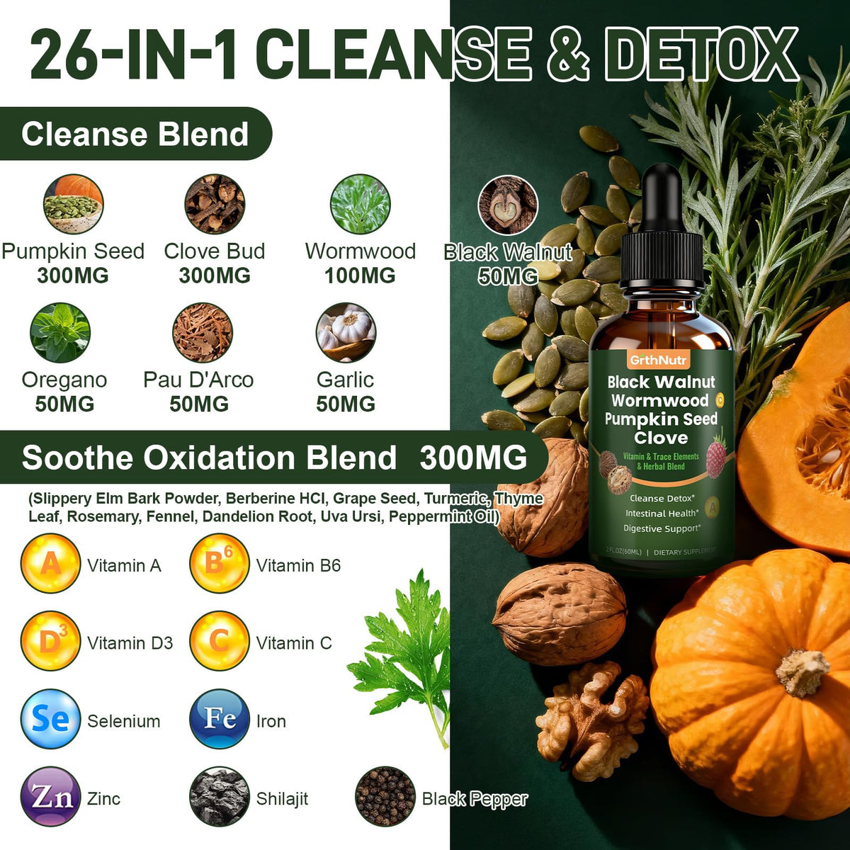 GrthNutr Black Walnut Wormwood Clove Tinture Cleanse for Humans - Gut Detox & Intestinal Health Digestive Support with Pumpkin, Oregano, Garlic Bulb - FENGGESTORE20