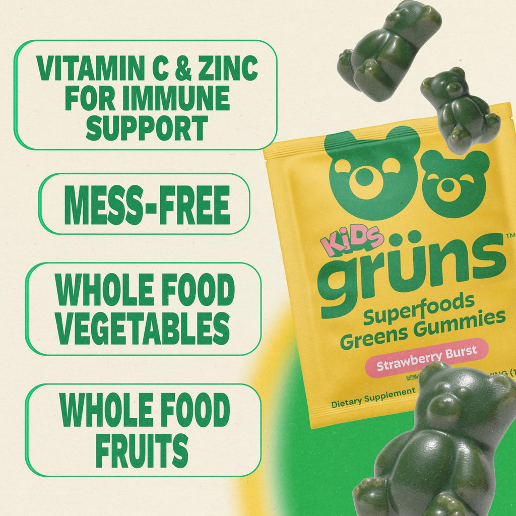 Gruns Multivitamin for Kids, Super Greens Gummies, Superfood Gummy Bears with 20+ Vitamins & Minerals, Spirulina, Chlorella, Alfalfa, Prebiotics Fiber for Digestive Health - FENGGESTORE20