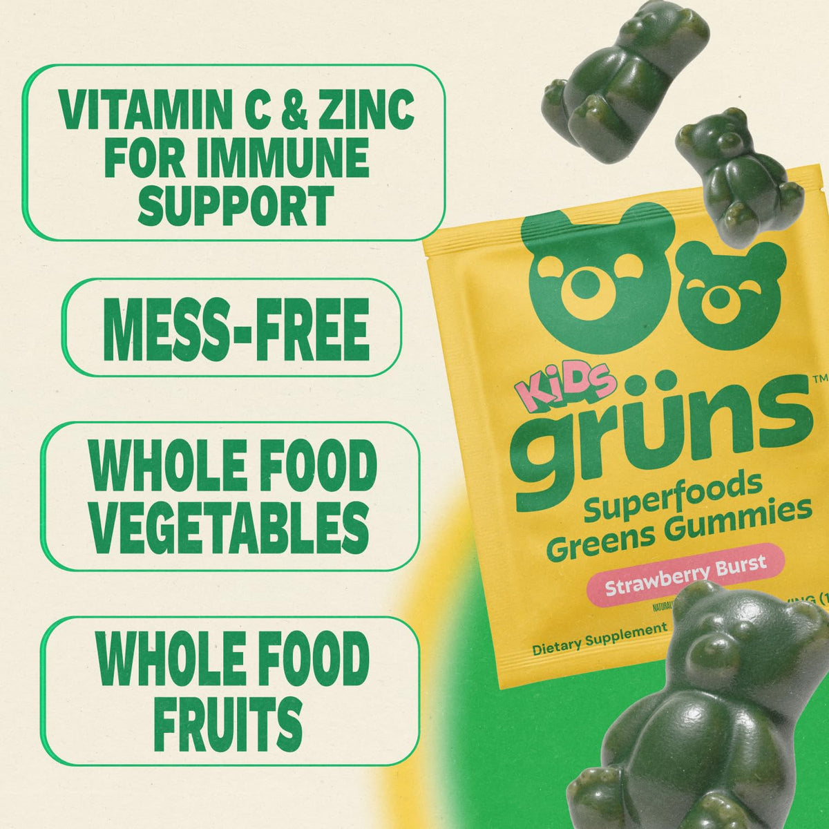 Gruns Multivitamin for Kids, Super Greens Gummies, Superfood Gummy Bears with 20+ Vitamins & Minerals, Spirulina, Chlorella, Alfalfa, Prebiotics Fiber for Digestive Health - FENGGESTORE20