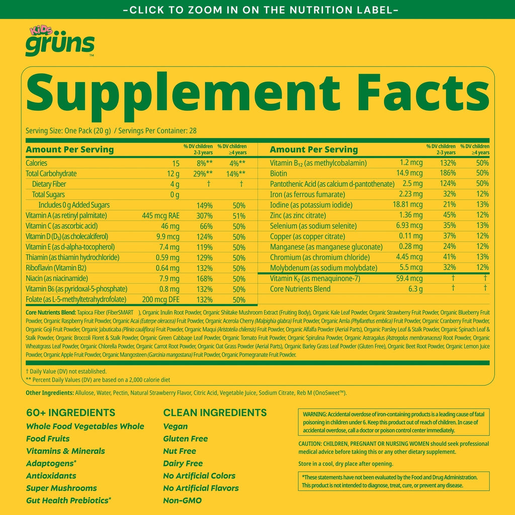 Gruns Multivitamin for Kids, Super Greens Gummies, Superfood Gummy Bears with 20+ Vitamins & Minerals, Spirulina, Chlorella, Alfalfa, Prebiotics Fiber for Digestive Health - FENGGESTORE20