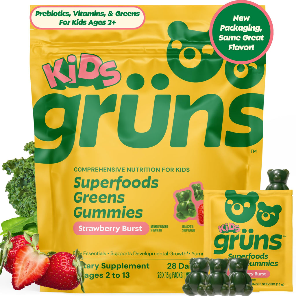 Gruns Multivitamin for Kids, Super Greens Gummies, Superfood Gummy Bears with 20+ Vitamins & Minerals, Spirulina, Chlorella, Alfalfa, Prebiotics Fiber for Digestive Health - FENGGESTORE20