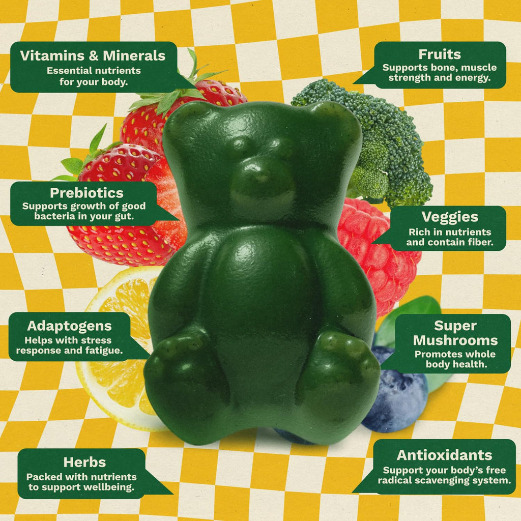 Gruns Multivitamin for Kids, Super Greens Gummies, Superfood Gummy Bears with 20+ Vitamins & Minerals, Spirulina, Chlorella, Alfalfa, Prebiotics Fiber for Digestive Health - FENGGESTORE20
