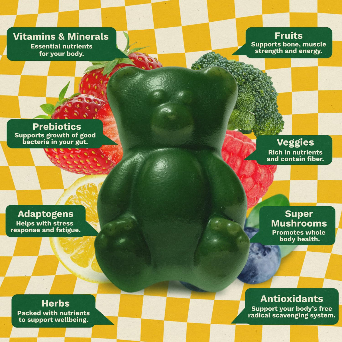 Gruns Multivitamin for Kids, Super Greens Gummies, Superfood Gummy Bears with 20+ Vitamins & Minerals, Spirulina, Chlorella, Alfalfa, Prebiotics Fiber for Digestive Health - FENGGESTORE20
