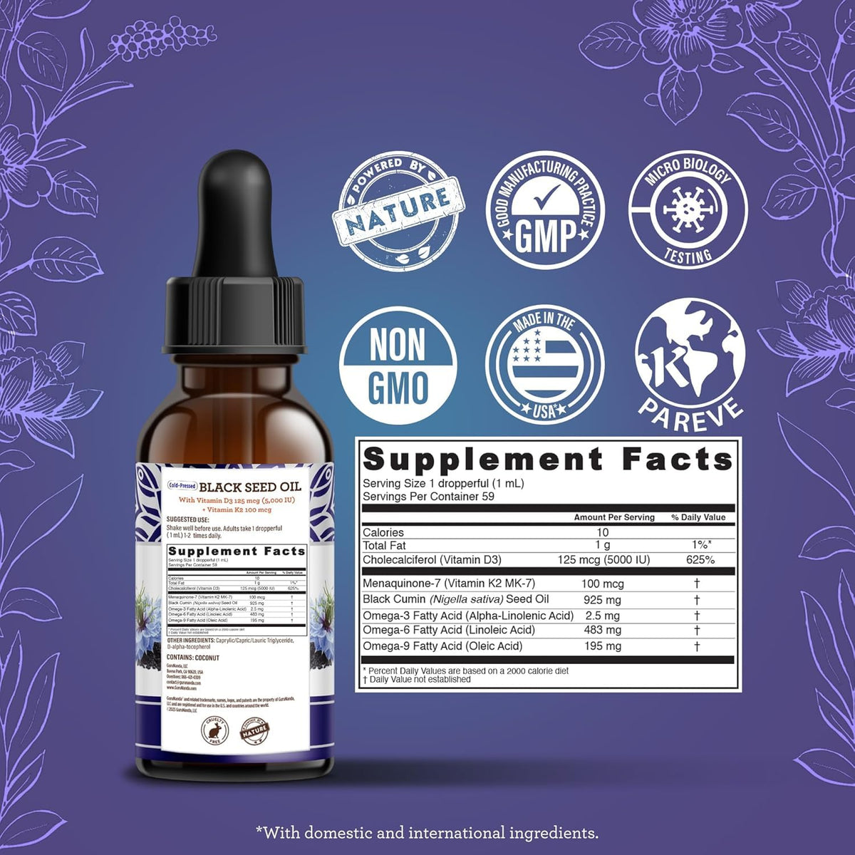 GuruNanda Black Seed Oil, Cold-Pressed Nigella Sativa - Rich in Vitamin D3 5000 Units, K2 & E, High Thymoquinone | Potent Antioxidant - FENGGESTORE20