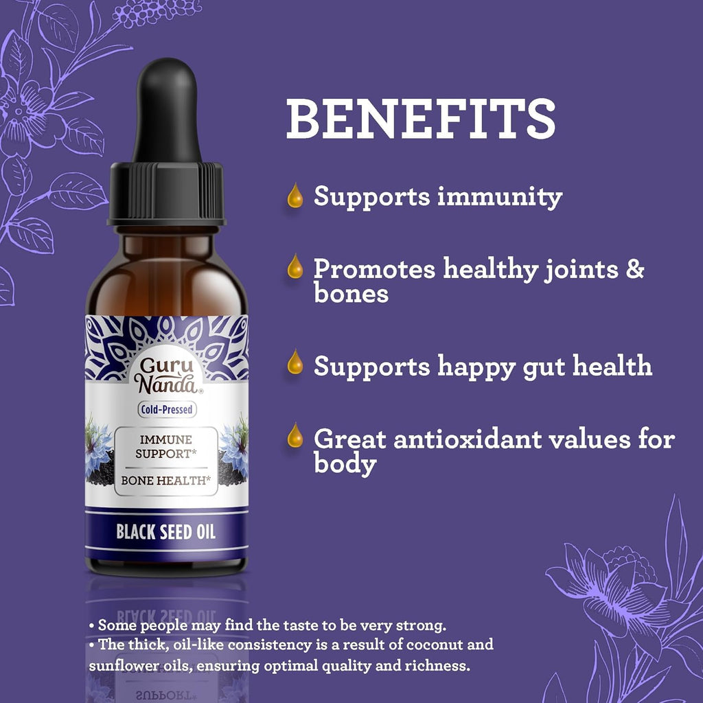 GuruNanda Black Seed Oil, Cold-Pressed Nigella Sativa - Rich in Vitamin D3 5000 Units, K2 & E, High Thymoquinone | Potent Antioxidant - FENGGESTORE20