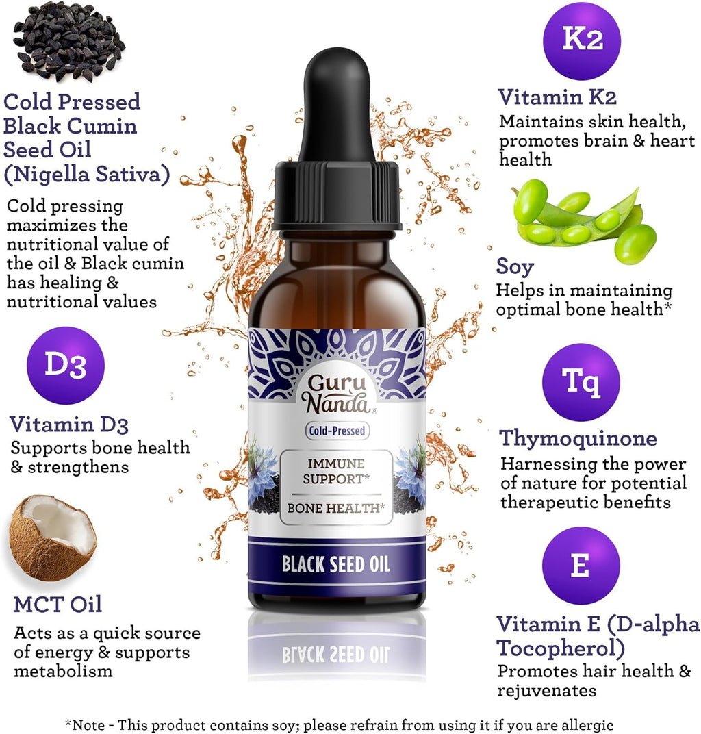 GuruNanda Black Seed Oil, Cold-Pressed Nigella Sativa - Rich in Vitamin D3 5000 Units, K2 & E, High Thymoquinone | Potent Antioxidant - FENGGESTORE20