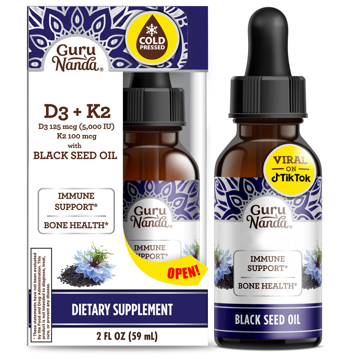 GuruNanda Black Seed Oil, Cold-Pressed Nigella Sativa - Rich in Vitamin D3 5000 Units, K2 & E, High Thymoquinone | Potent Antioxidant - FENGGESTORE20