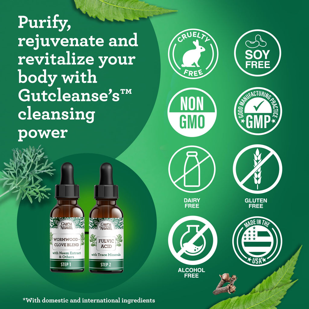 GuruNanda Gutcleanse 2-Step Kit - Dietary Supplement to Help with Digestion - Blend of Fulvic Acid, Wormwood, Clove & Neem Extract, 2x1 FlOz - FENGGESTORE20