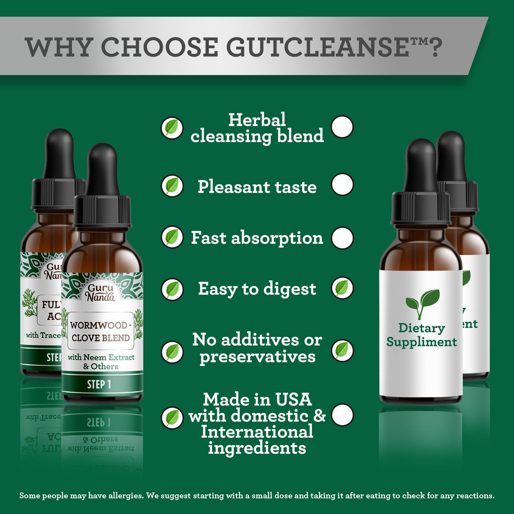 GuruNanda Gutcleanse 2-Step Kit - Dietary Supplement to Help with Digestion - Blend of Fulvic Acid, Wormwood, Clove & Neem Extract, 2x1 FlOz - FENGGESTORE20