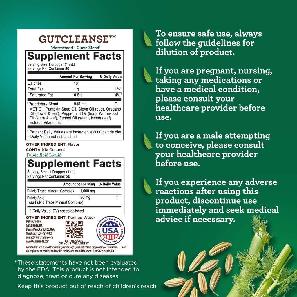 GuruNanda Gutcleanse 2-Step Kit - Dietary Supplement to Help with Digestion - Blend of Fulvic Acid, Wormwood, Clove & Neem Extract, 2x1 FlOz - FENGGESTORE20