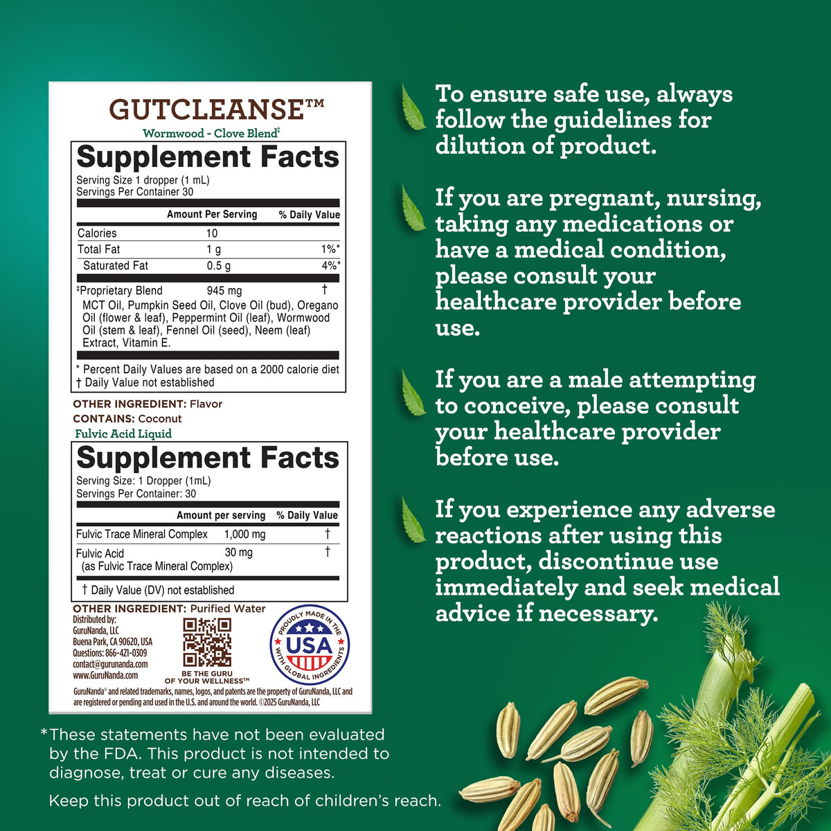 GuruNanda Gutcleanse 2-Step Kit - Dietary Supplement to Help with Digestion - Blend of Fulvic Acid, Wormwood, Clove & Neem Extract, 2x1 FlOz - FENGGESTORE20