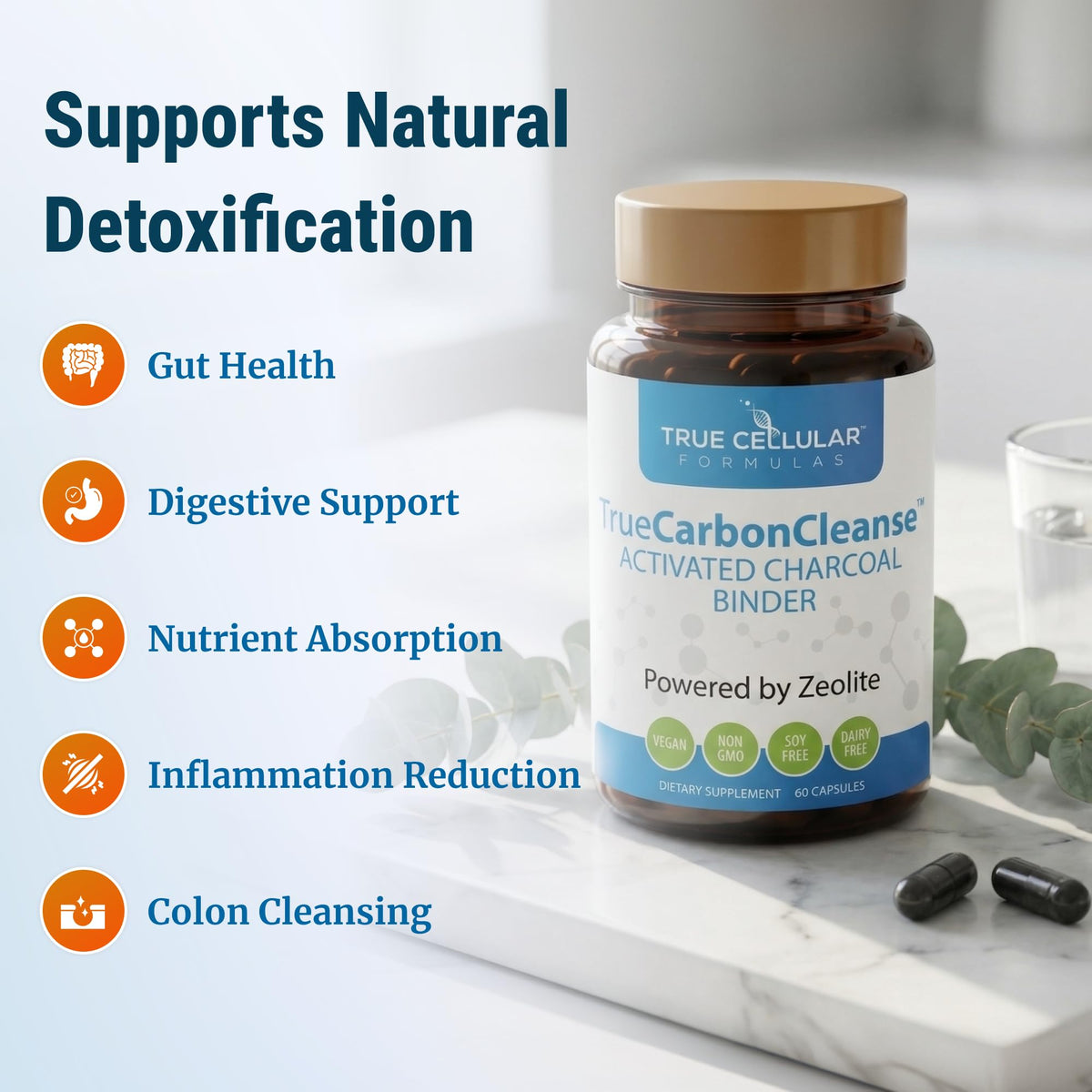 Gut Detox & Liver Cleanse - Organic Activated Charcoal Capsules with Clinoptilolite Zeolite Binder - TrueCarbonCleanse™ Carbon Supplement - 60 Bamboo Charcoal Pills - FENGGESTORE20