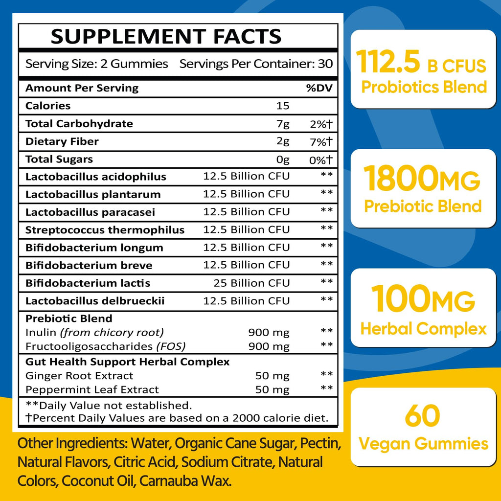Gut Health & Probiotic Gummies, 112.5 Billion CFU, Sugar Free - 8 Strains + Prebiotics + Herbs - for Digestive, Immune, Diarrhea & Bloating - Gut Health for Women & Men - FENGGESTORE20