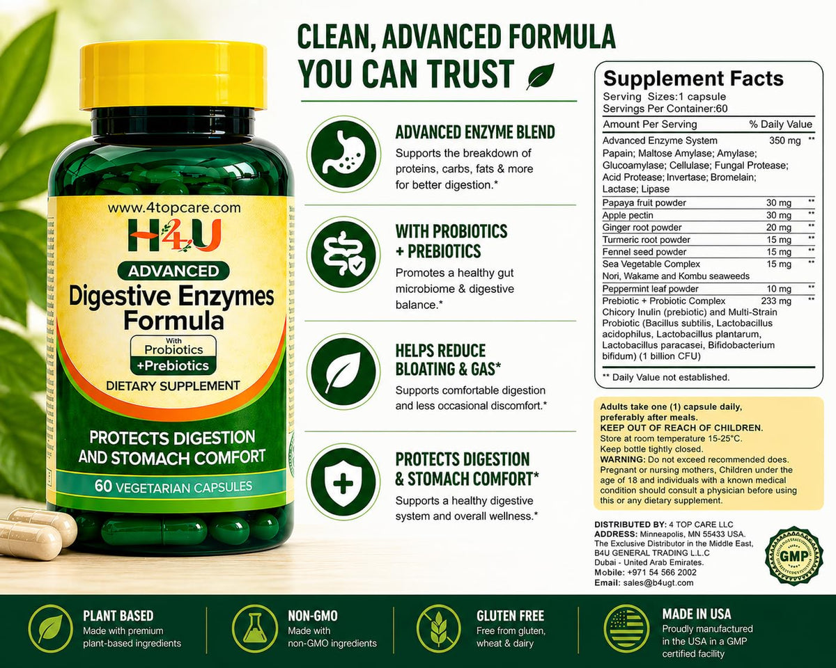 H4U Advanced Digestive Enzymes with Probiotics & Prebiotics – Multi Enzyme Supplement for Gut Health, Digestion Support, Bloating Relief & Stomach Comfort, - FENGGESTORE20