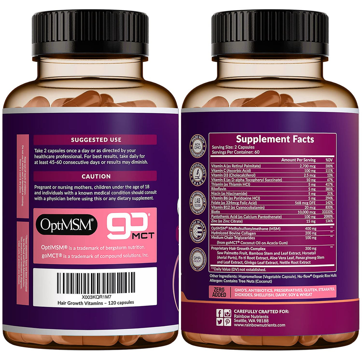 Hair Growth Vitamins for Women | Biotin 10,000mcg, Collagen, Patented OptiMSM®, goMCT - FENGGESTORE20