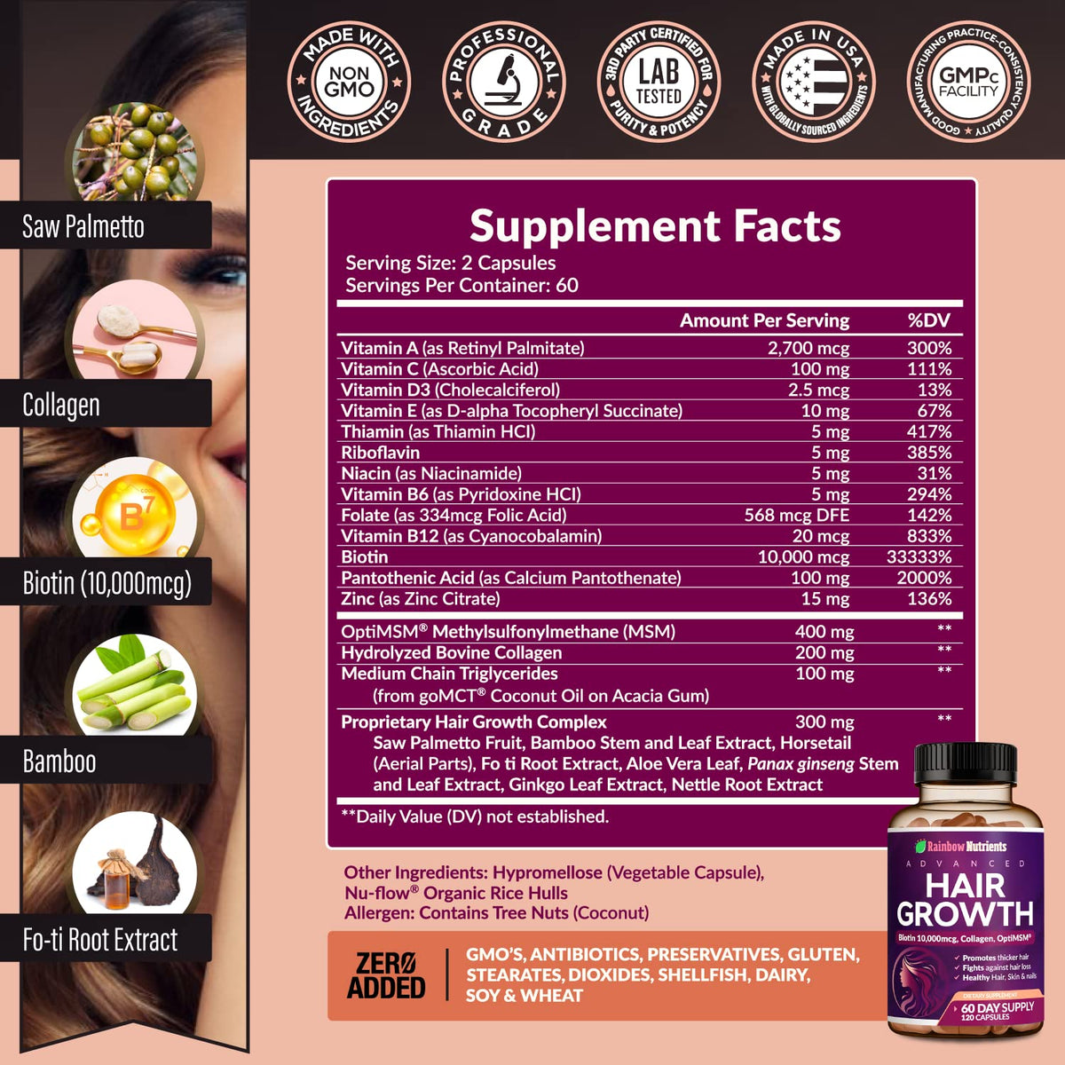 Hair Growth Vitamins for Women | Biotin 10,000mcg, Collagen, Patented OptiMSM®, goMCT - FENGGESTORE20