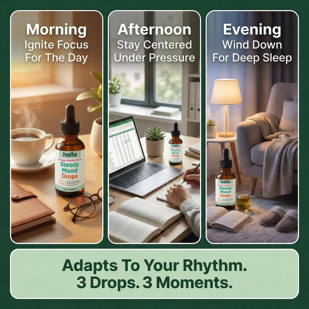 Halla Steady Mood Drops Saffron Extract, Maritime Pine Bark Extract, Phosphatidylserine, Magnesium L-Threonate, Sleep Supplements, Improves Focus & Attention, Mood Support Supplement, 60ml - FENGGESTORE20