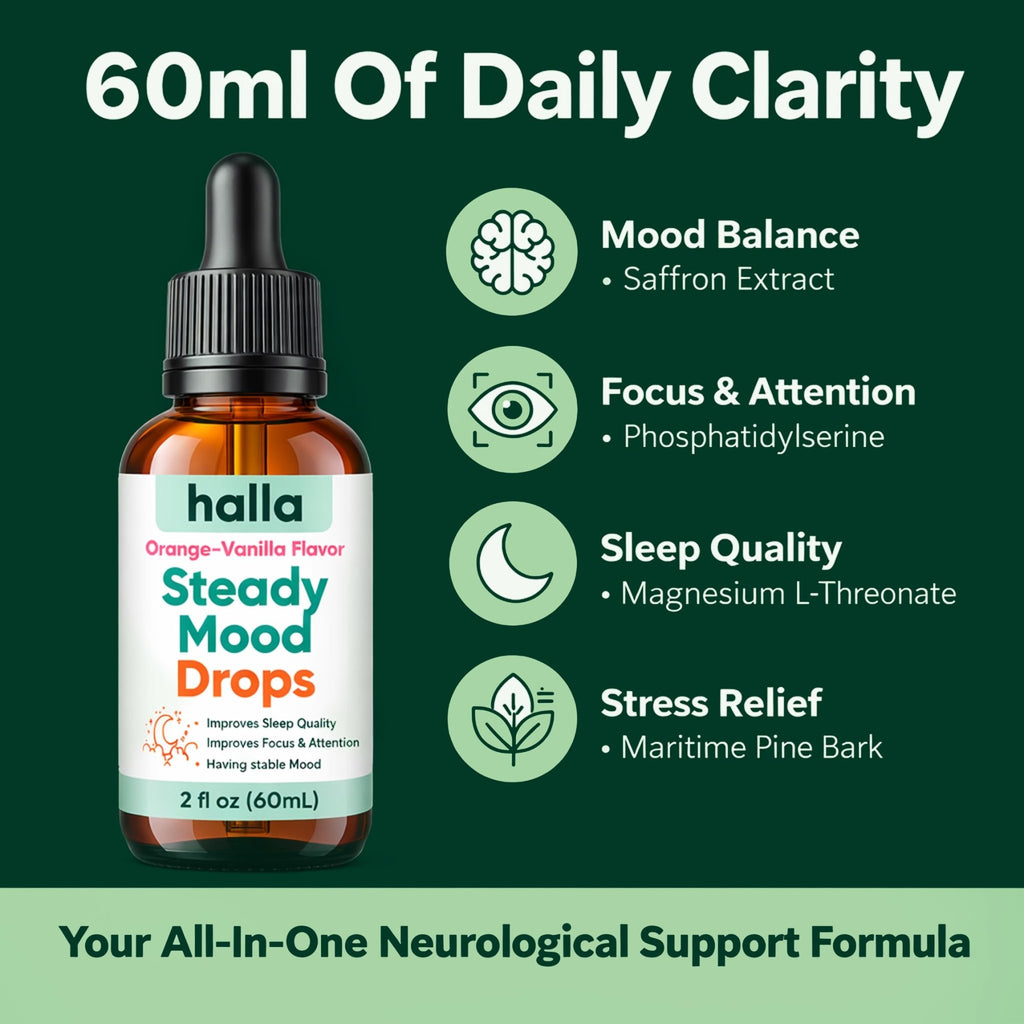 Halla Steady Mood Drops Saffron Extract, Maritime Pine Bark Extract, Phosphatidylserine, Magnesium L-Threonate, Sleep Supplements, Improves Focus & Attention, Mood Support Supplement, 60ml - FENGGESTORE20