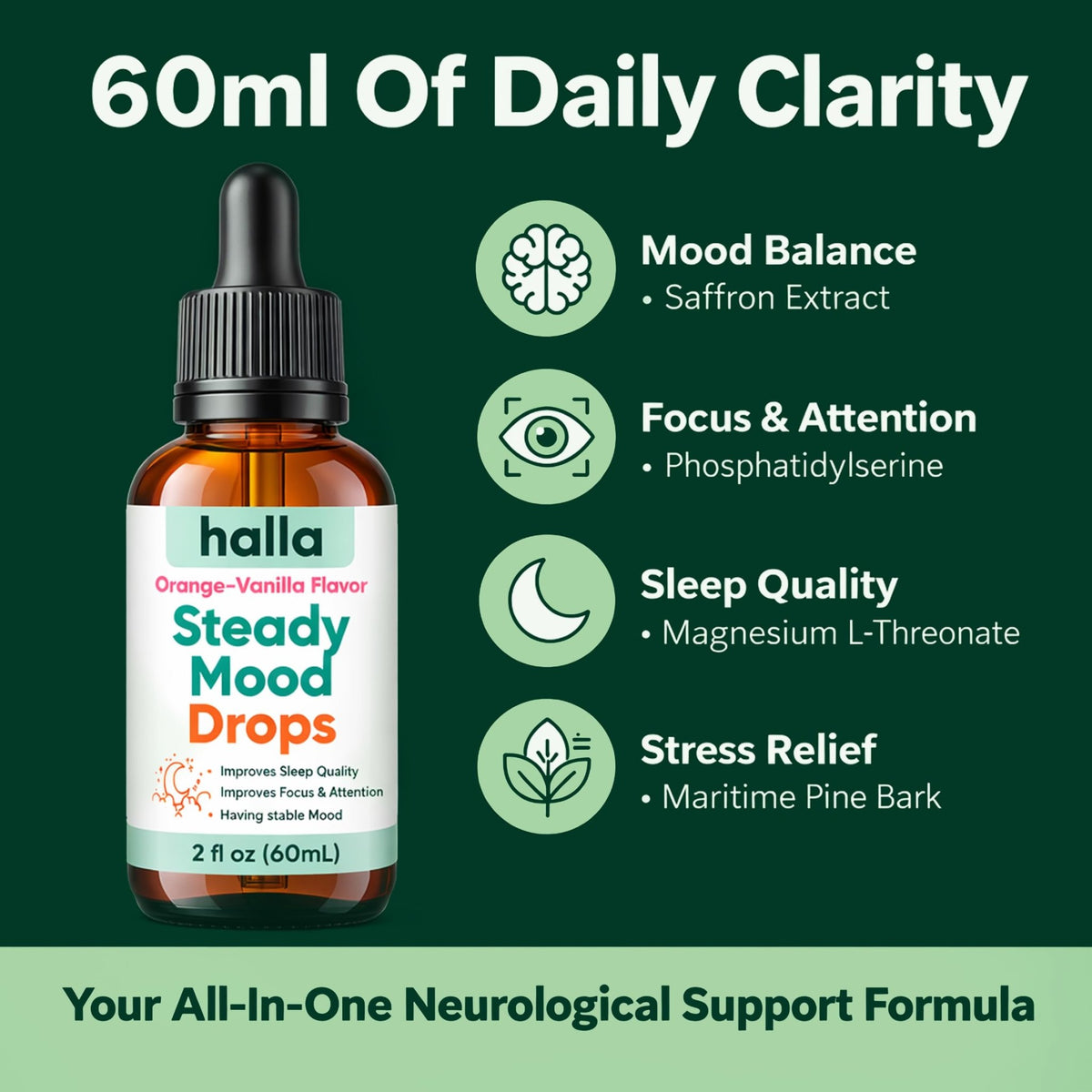Halla Steady Mood Drops Saffron Extract, Maritime Pine Bark Extract, Phosphatidylserine, Magnesium L-Threonate, Sleep Supplements, Improves Focus & Attention, Mood Support Supplement, 60ml - FENGGESTORE20