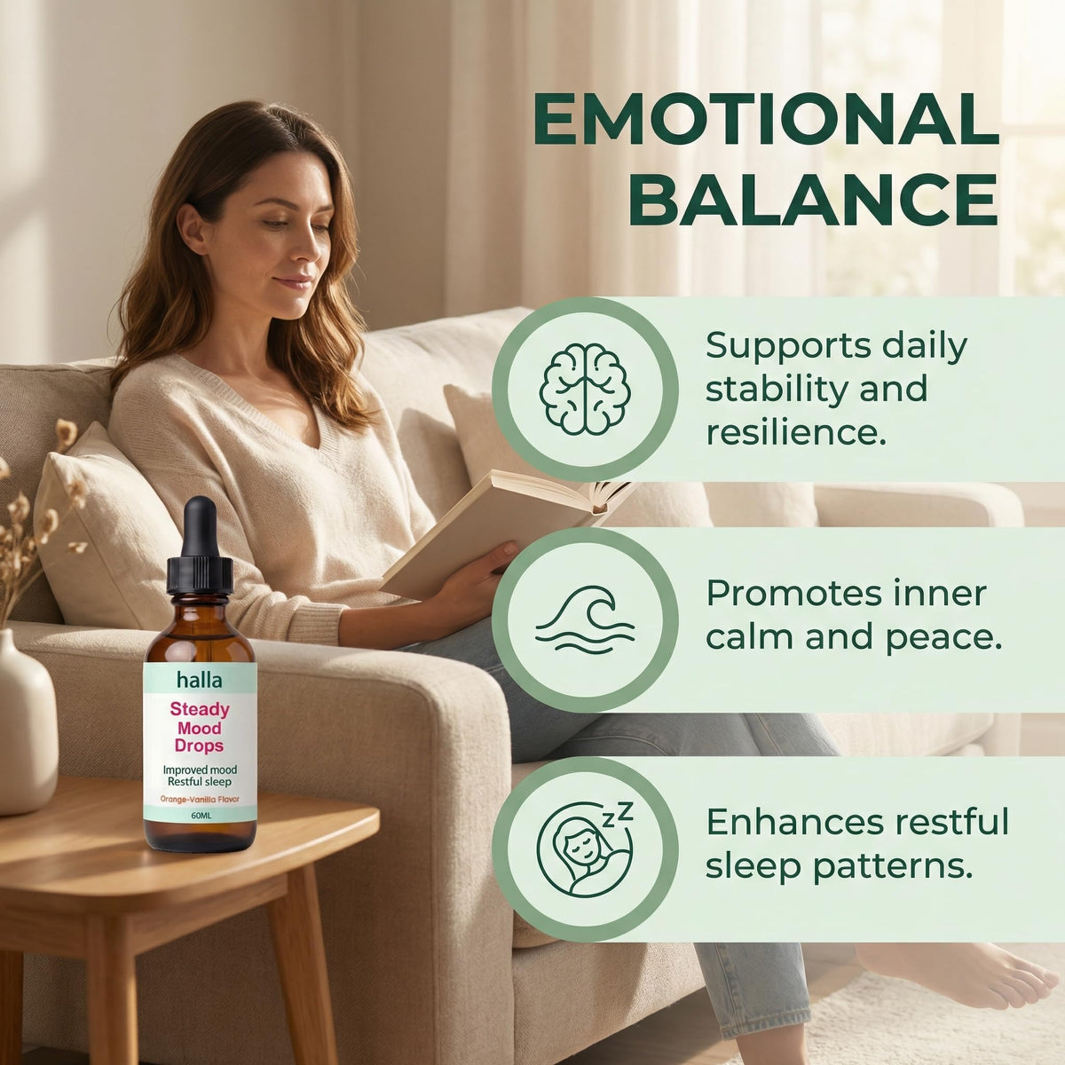 Halla Steady Mood Drops, with Saffron Extract – Fast Absorption Cognitive & Emotional Balance Supplement – Advanced Brain Nutrient Blend – Orange Vanilla Flavor, 2 fl oz - FENGGESTORE20