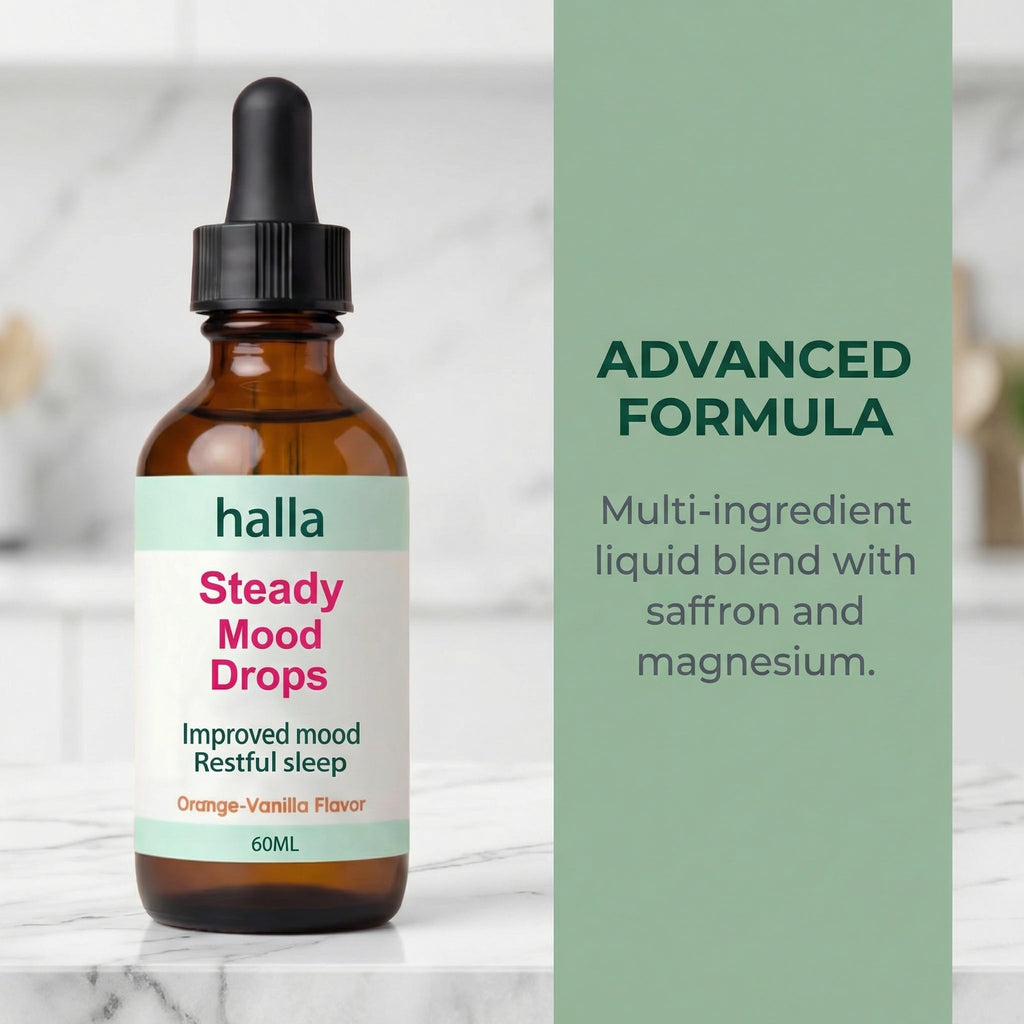 Halla Steady Mood Drops, with Saffron Extract – Fast Absorption Cognitive & Emotional Balance Supplement – Advanced Brain Nutrient Blend – Orange Vanilla Flavor, 2 fl oz - FENGGESTORE20