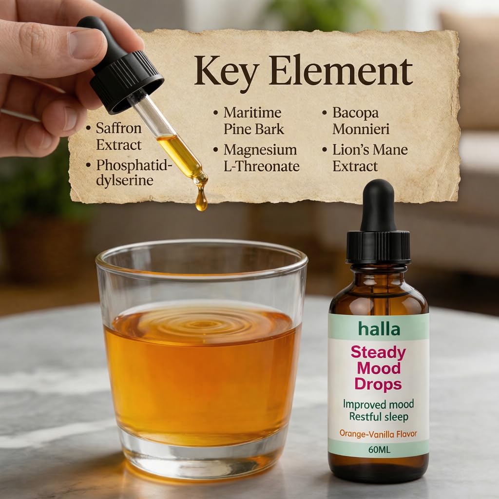 Halla Steady Mood Drops, with Saffron Extract – Fast Absorption Cognitive & Emotional Balance Supplement – Advanced Brain Nutrient Blend – Orange Vanilla Flavor, 2 fl oz - FENGGESTORE20