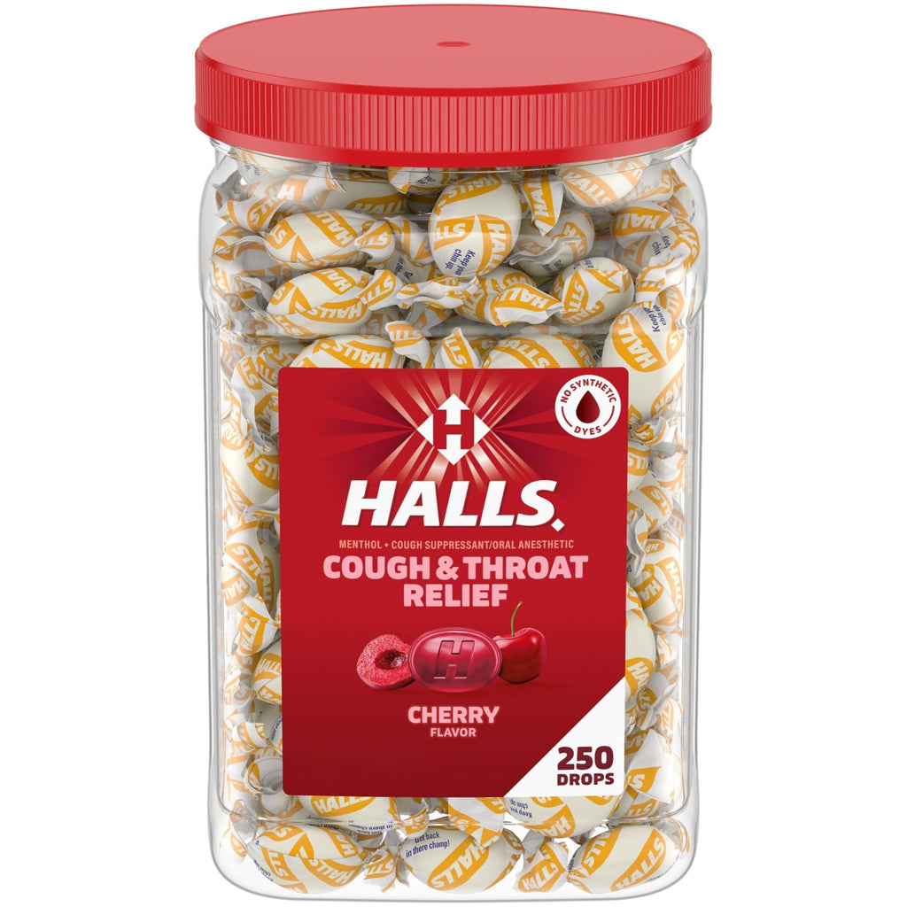 Halls Cough and Throat Relief Cherry Cough Drops, Bulk Pack, 250 Drops - FENGGESTORE20