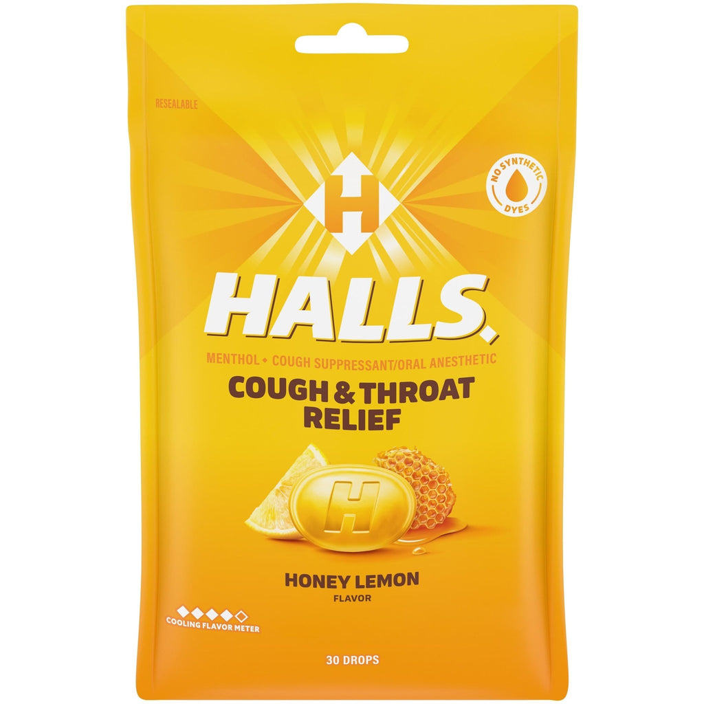 HALLS Cough and Throat Relief Honey Lemon Cough Drops, 30 Drops - FENGGESTORE20