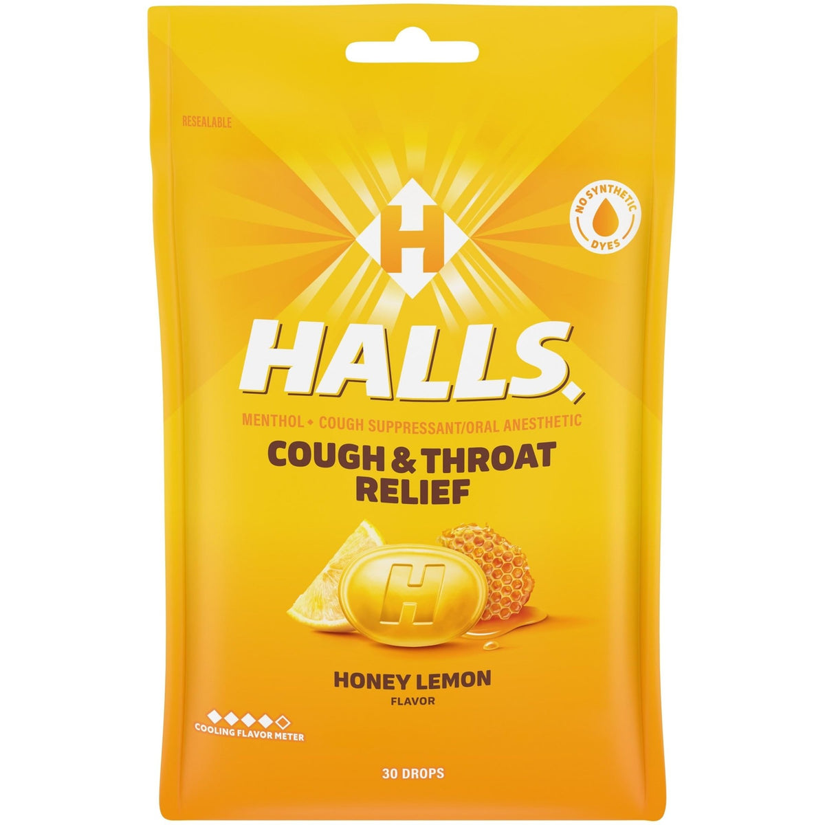 HALLS Cough and Throat Relief Honey Lemon Cough Drops, 30 Drops - FENGGESTORE20