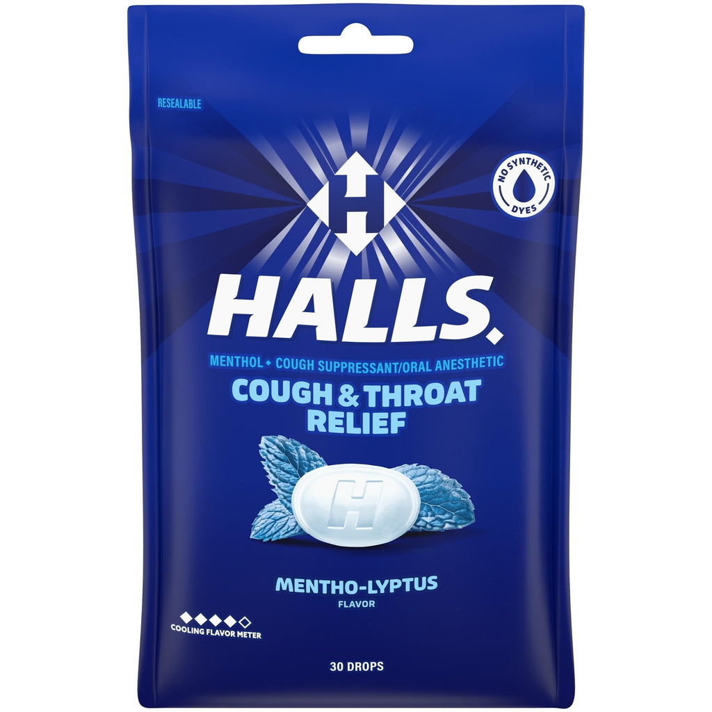 HALLS Cough and Throat Relief Mentho-Lyptus Cough Drops, 30 Drops - FENGGESTORE20