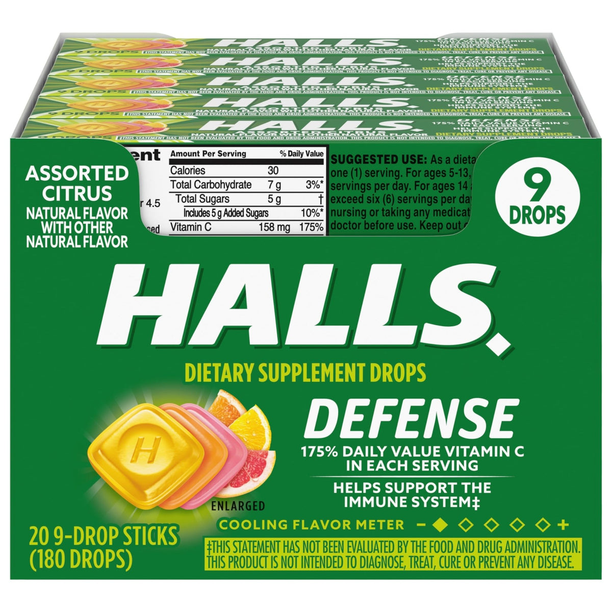 HALLS Defense Assorted Citrus Vitamin C Drops, 20 Sticks of 9 Drops (180 Total Drops) - FENGGESTORE20