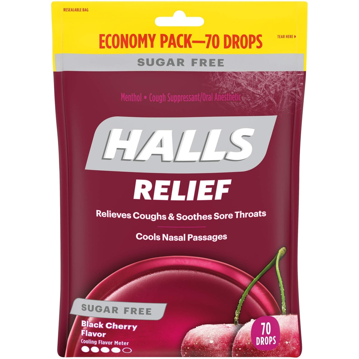HALLS Relief Sugar Free Black Cherry Flavor Cough Drops, Economy Pack, 1 Bag (70 Total Drops) - FENGGESTORE20