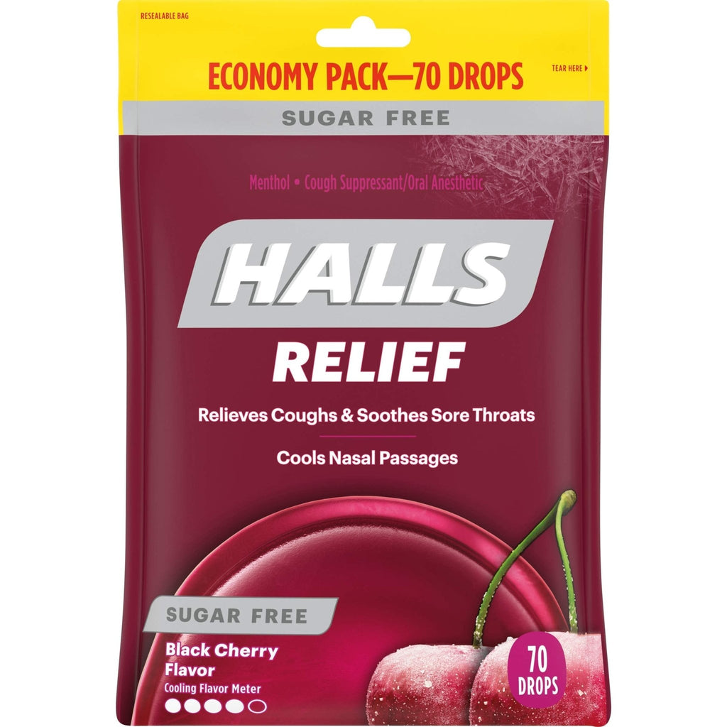 HALLS Relief Sugar Free Black Cherry Flavor Cough Drops, Economy Pack, 1 Bag (70 Total Drops) - FENGGESTORE20