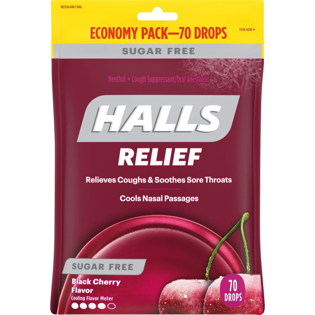 HALLS Relief Sugar Free Black Cherry Flavor Cough Drops, Economy Pack, 1 Bag (70 Total Drops) - FENGGESTORE20