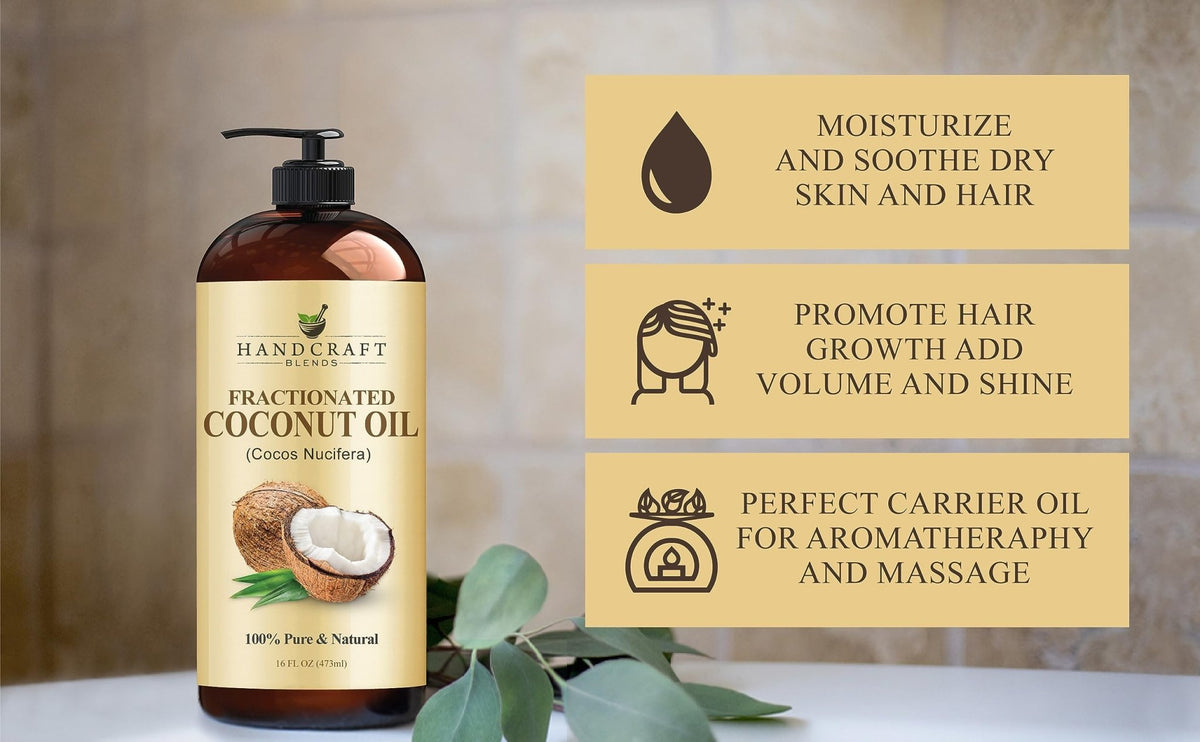 Handcraft Blends Fractionated Coconut Oil - 16 Fl Oz - 100% Pure and Natural - Premium Grade Carrier Oil for Skin, Hair and Body - Massage - Hair Tonic - FENGGESTORE20