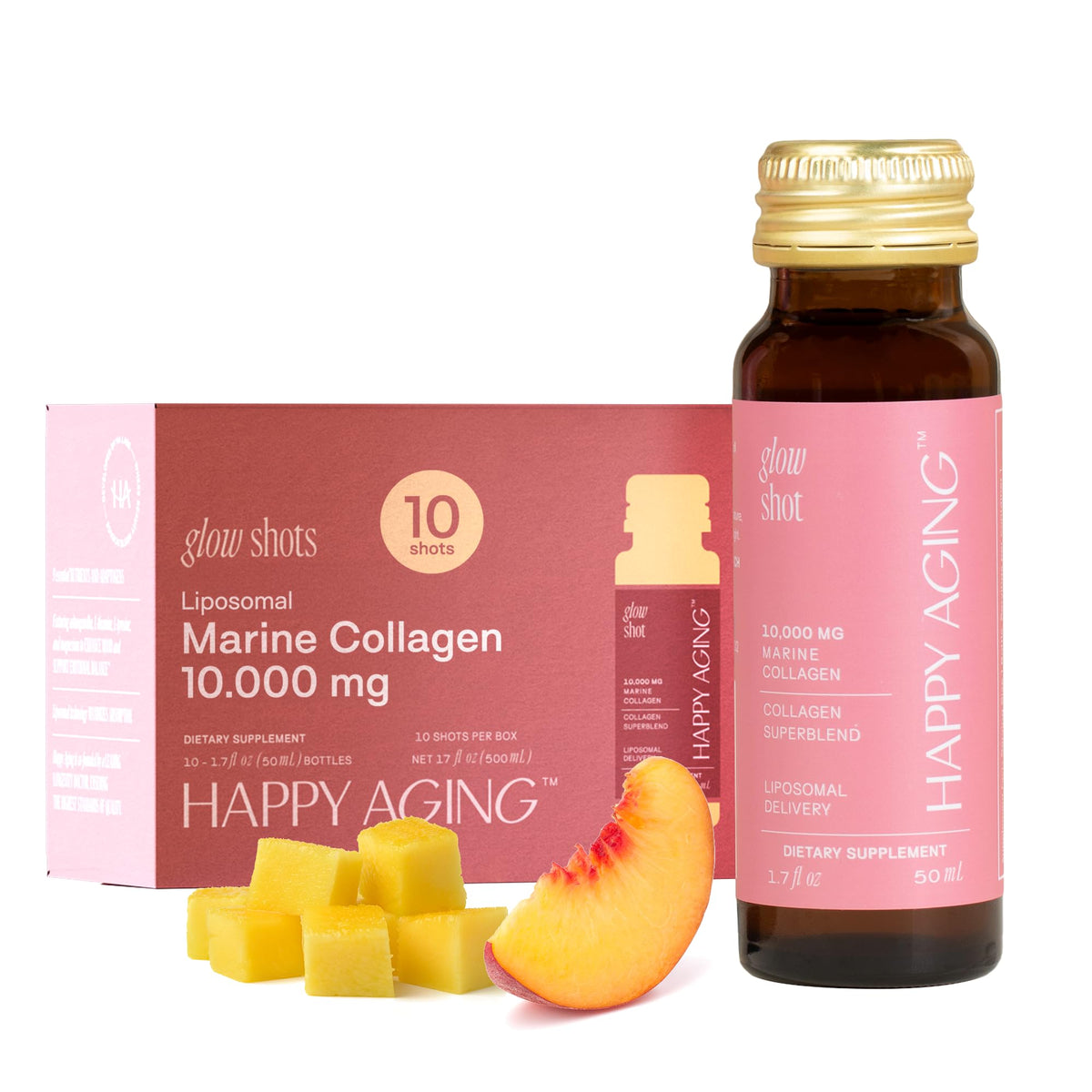 Happy Aging Marine Collagen Peptides Glow Shot 10,000mg - Liquid Collagen for Women with Liposomal Delivery - Promotes Skin Hydration, Elasticity & Radiance - Supports Hair & Nails, 10 Shots - FENGGESTORE20
