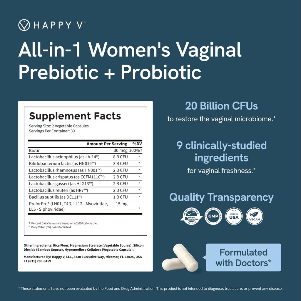 Happy V Dr. Formulated Vaginal Probiotics for Women Odor & Itch Support, Urinary & Gut Health, pH Balance | Womens Daily Probiotic - FENGGESTORE20