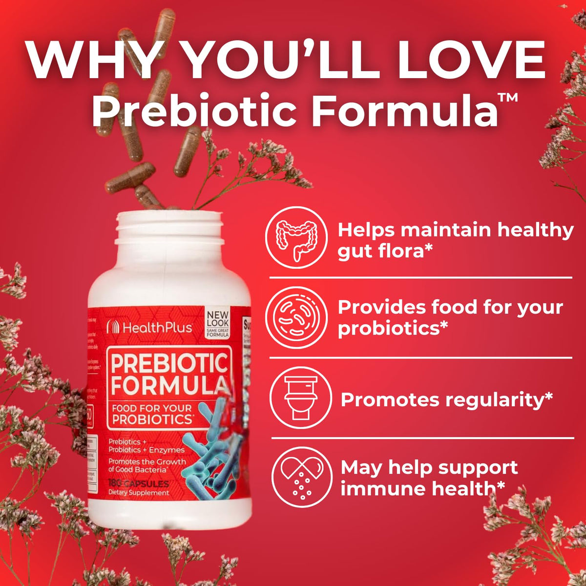 Health Plus Prebiotic Formula - Probiotics + Prebiotics + Digestive Enzymes - Gluten Free, Dairy Free, Natural Herbal Ingredients - FENGGESTORE20