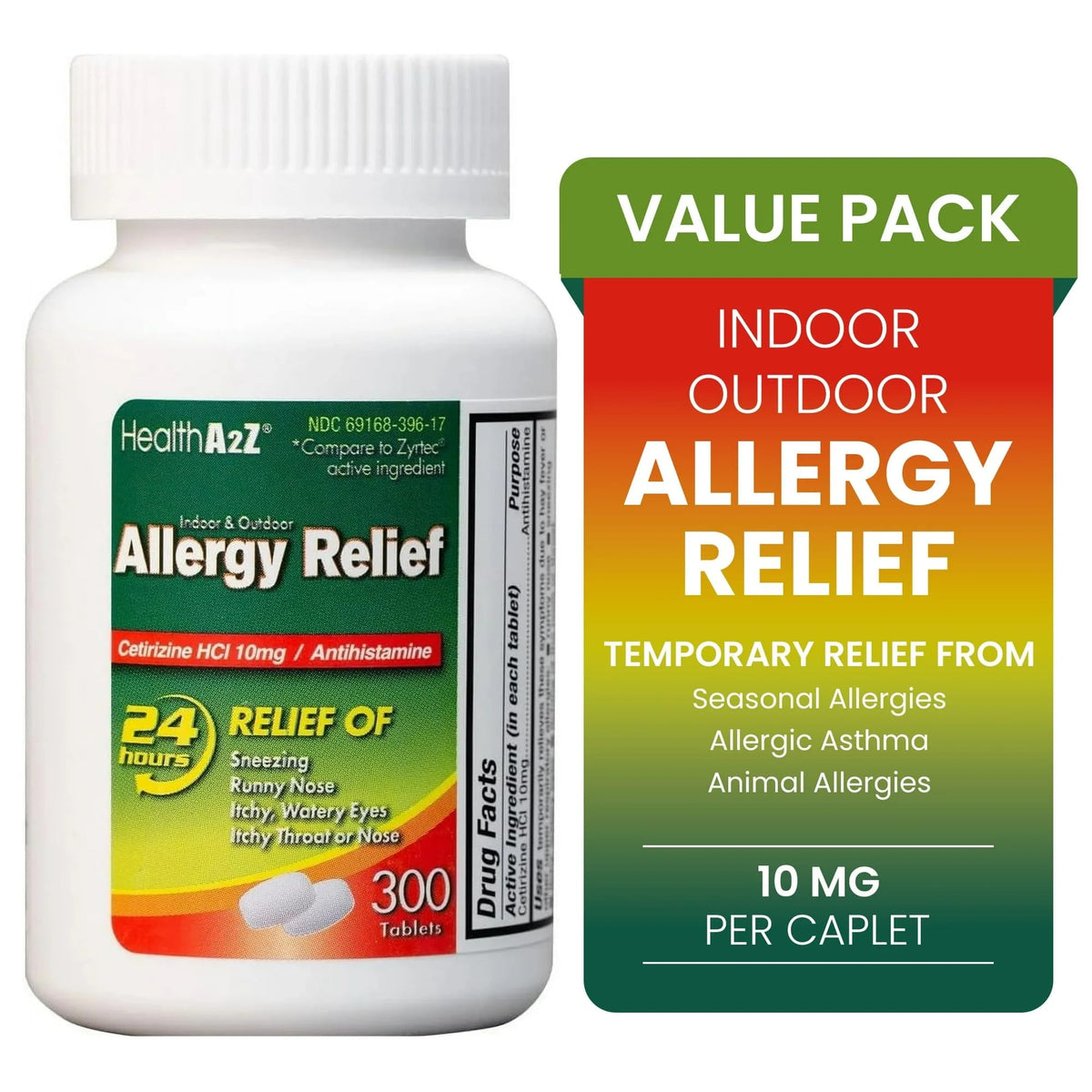HealthA2Z® Allergy Relief, Cetirizine 10mg, Dye Free, All Day Allergy Relief, Indoor & Outdoor, Relief from Itchy Throat, Sneezing, Runny Noses, 300 Count (Pack of 1), - FENGGESTORE20