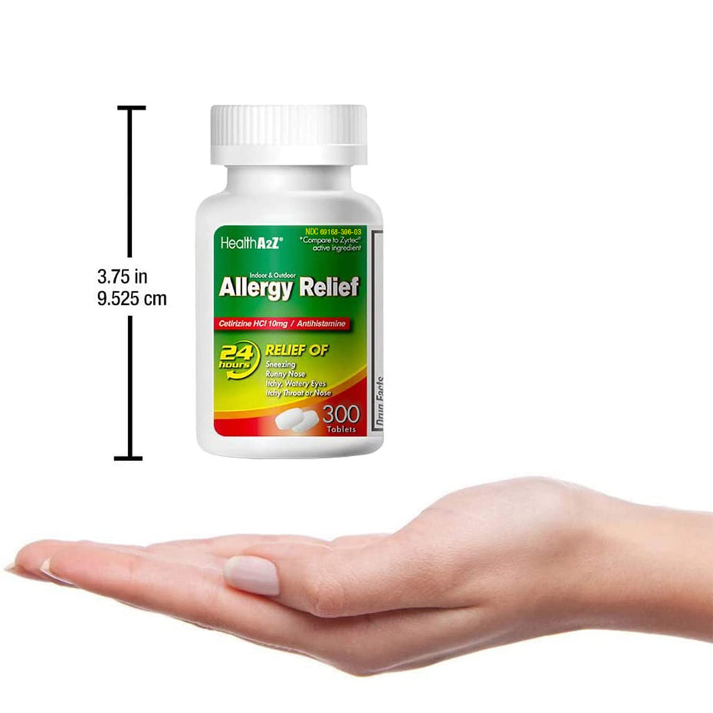 HealthA2Z® Allergy Relief, Cetirizine 10mg, Dye Free, All Day Allergy Relief, Indoor & Outdoor, Relief from Itchy Throat, Sneezing, Runny Noses, 300 Count (Pack of 1), - FENGGESTORE20