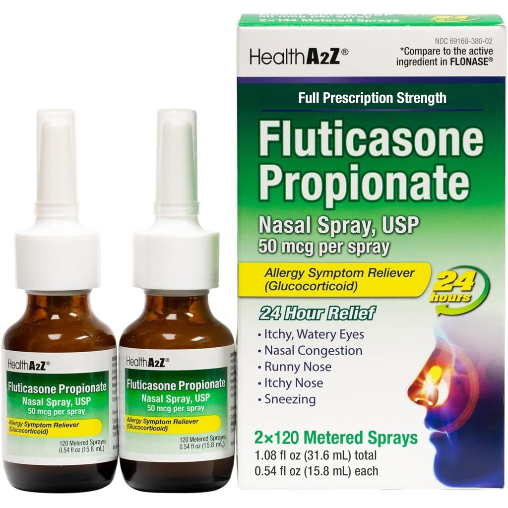 HealthA2Z® Allergy Relief, Fluticasone Propionate 50mcg, Nasal Spray, 24-Hour Allergy Relief, Dye Free, 240 Sprays (2 Pack, 120 Sprays Each) - FENGGESTORE20