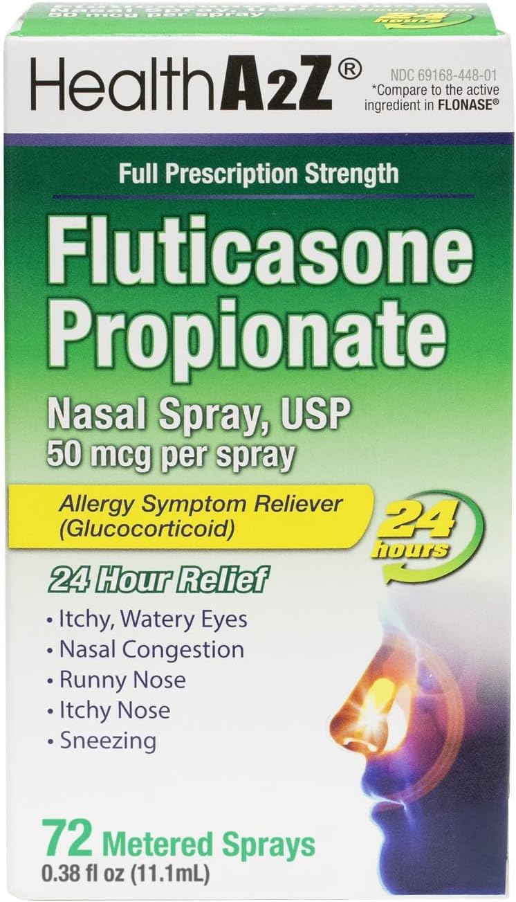 HealthA2Z® Allergy Relief, Fluticasone Propionate 50mcg, Nasal Spray, 24-Hour Allergy Relief, Nasal Decongestant, Dye Free, 72 Sprays (0.38 fl oz) - FENGGESTORE20