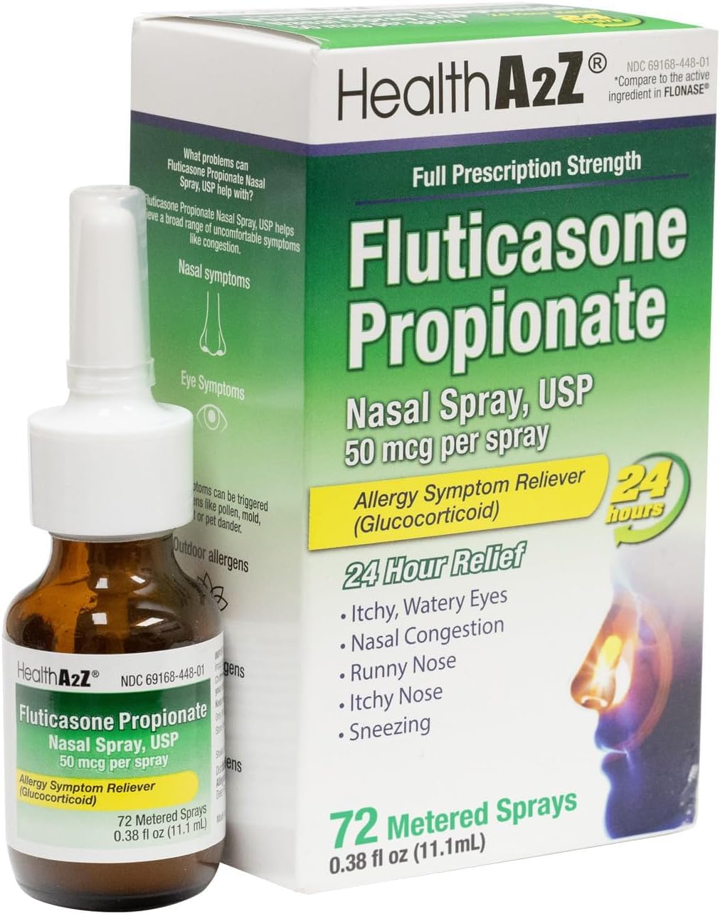 HealthA2Z® Allergy Relief, Fluticasone Propionate 50mcg, Nasal Spray, 24-Hour Allergy Relief, Nasal Decongestant, Dye Free, 72 Sprays (0.38 fl oz) - FENGGESTORE20