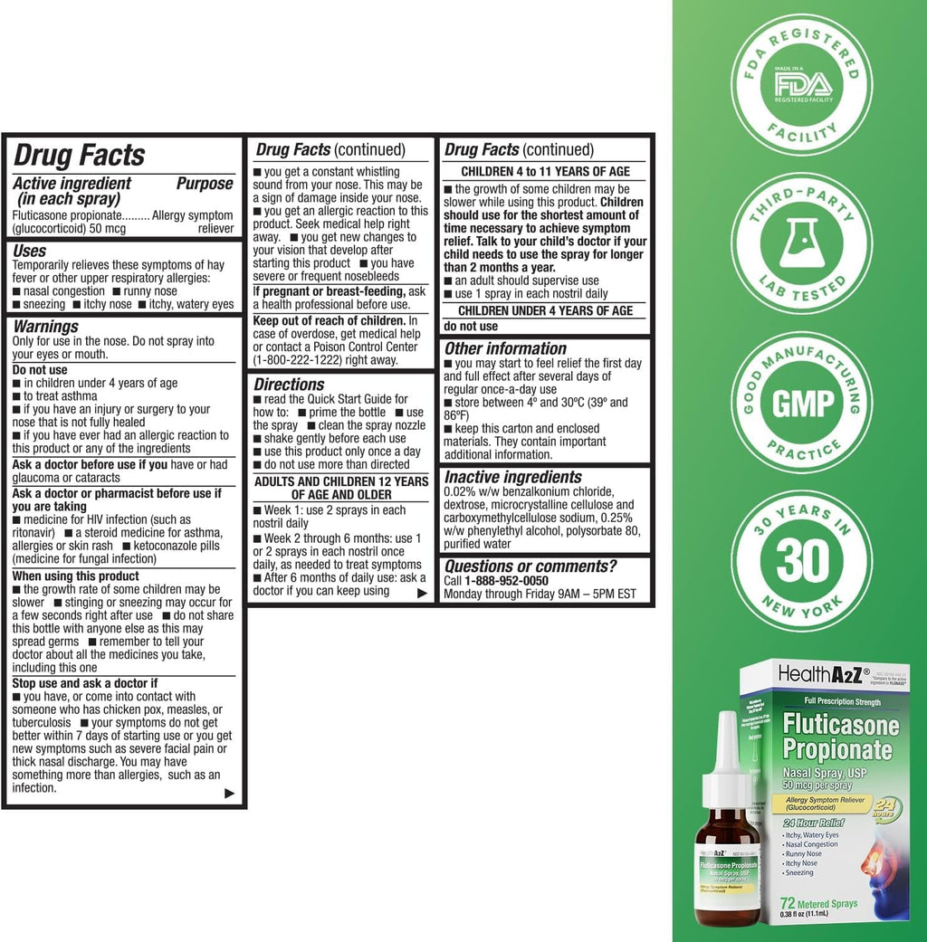 HealthA2Z® Allergy Relief, Fluticasone Propionate 50mcg, Nasal Spray, 24-Hour Allergy Relief, Nasal Decongestant, Dye Free, 72 Sprays (0.38 fl oz) - FENGGESTORE20
