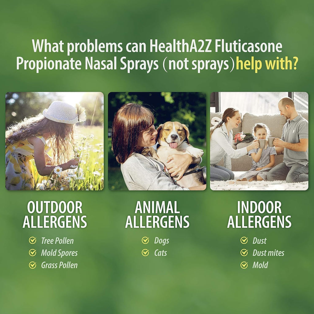 HealthA2Z® Allergy Relief, Fluticasone Propionate 50mcg, Nasal Spray, 24-Hour Allergy Relief, Nasal Decongestant, Dye Free, 72 Sprays (0.38 fl oz) - FENGGESTORE20