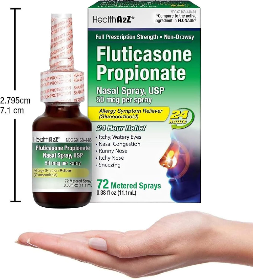 HealthA2Z® Allergy Relief, Fluticasone Propionate 50mcg, Nasal Spray, 24-Hour Allergy Relief, Nasal Decongestant, Dye Free, 72 Sprays (0.38 fl oz) - FENGGESTORE20